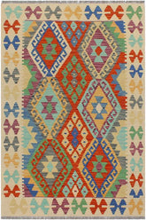 Flat Weave Kilim Antique Navaho Vintage handmade Geometric Kilim Rust Beige Hand-Woven Rectangle 100% Wool Area Rug 3x5